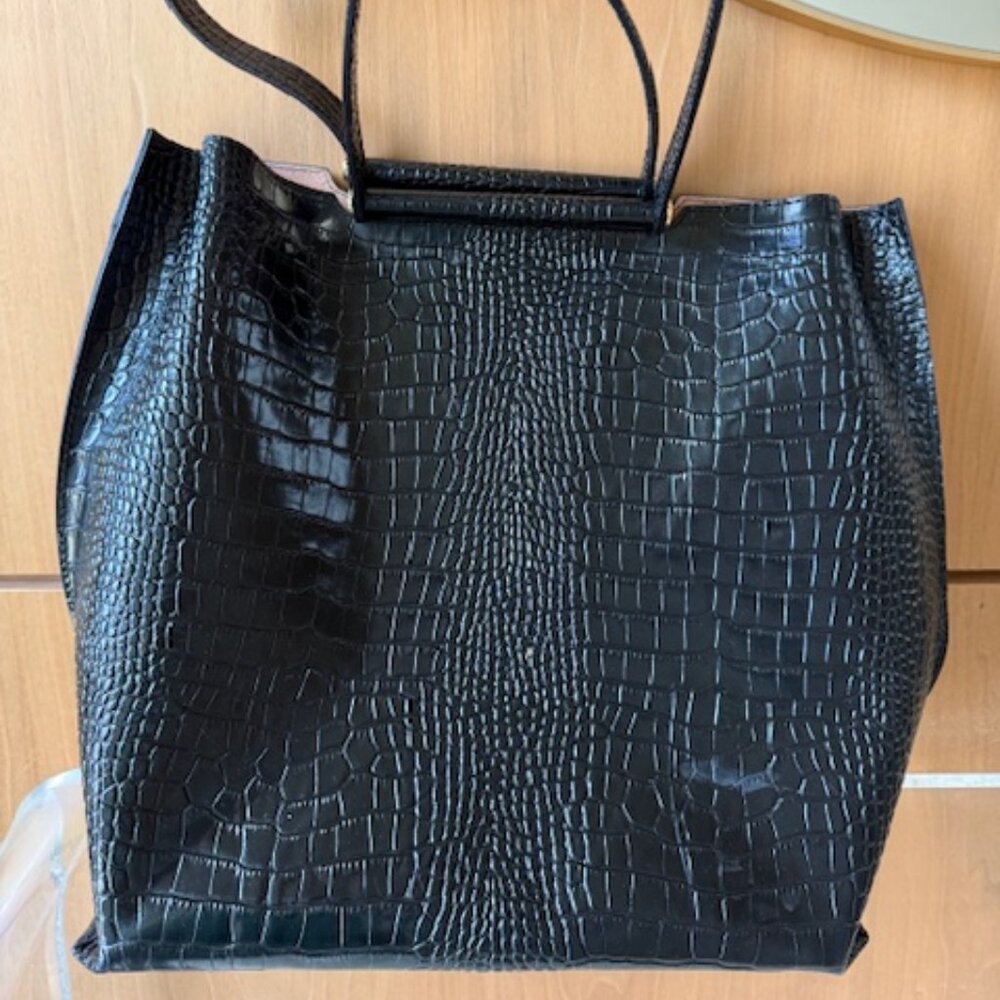 Black Croc-Embossed Tote Bag